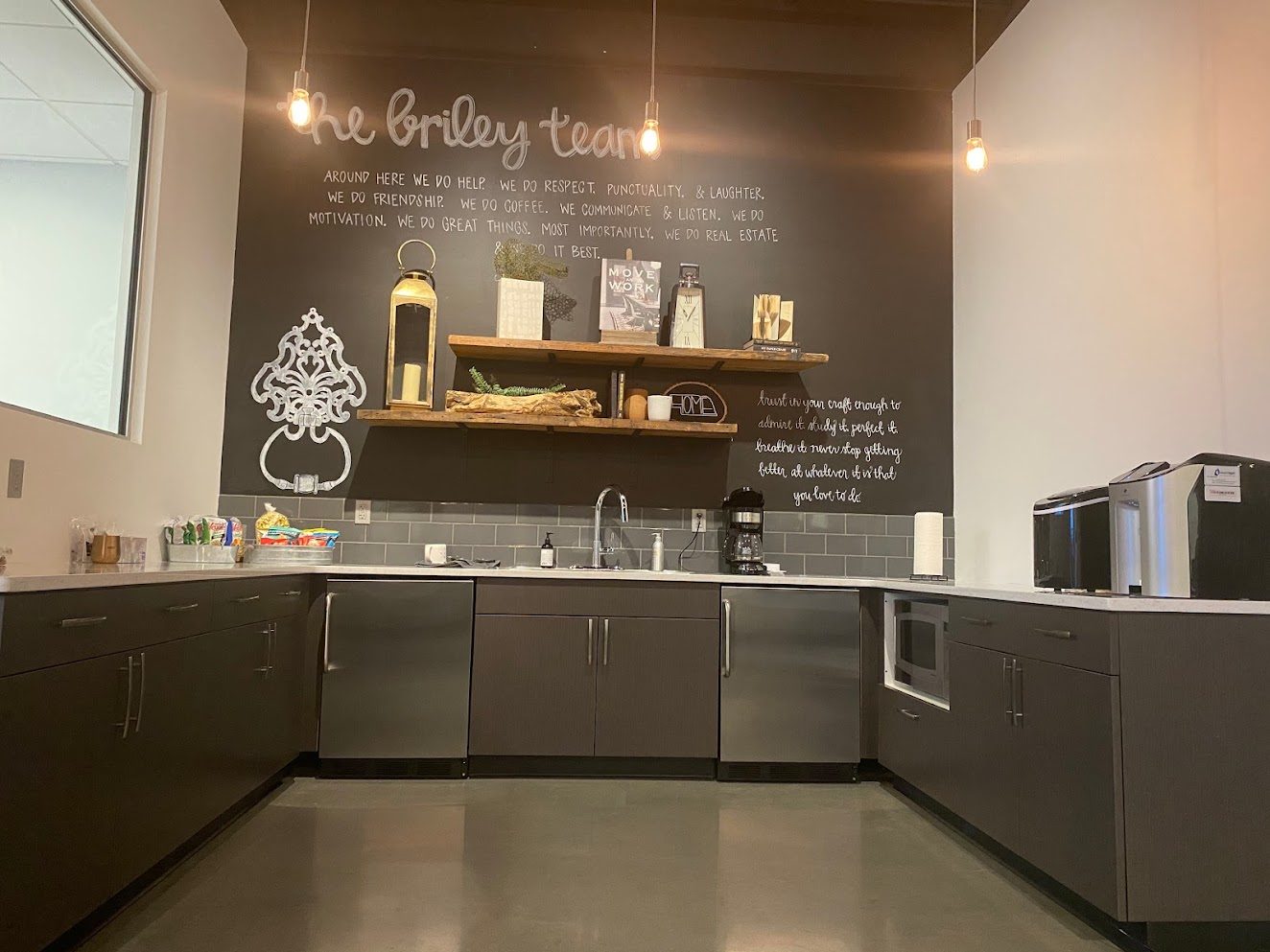 Briley Team office kitchen with chalkboard wall